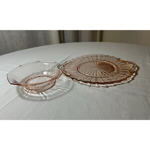 Pink depression era glass 2 piece set serving platter and octagon bowl